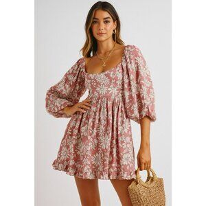 By Together Vintage Look Romantic Floral Puff Sleeve Soft Pink Dress Size M